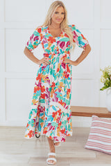Rose Red Floral Knot Puff Sleeve V Neck Buttoned Front Split Lace Maxi Dress Floral Dresses JT's Designer Fashion