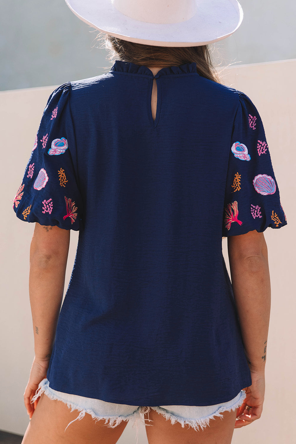 Sail Blue Shellfish Coral Embroidery Puff Sleeve Frilled Neck Blouse Blouses & Shirts JT's Designer Fashion