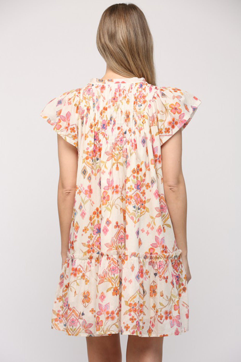 Apricot Floral Geometric Print Ruffled Trim Flutter Sleeve Mini Dress Floral Dresses JT's Designer Fashion