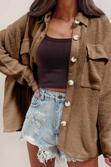 Dark Khaki Solid Color Corduroy Buttoned Long Sleeve Shacket Dark Khaki 85%Polyester+10%Viscose+5%Elastane Jackets JT's Designer Fashion