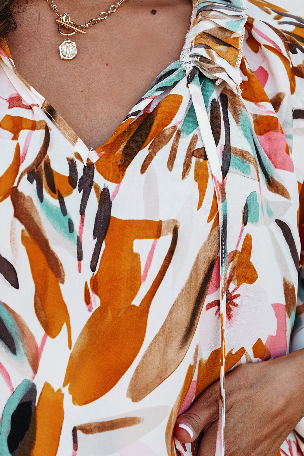 Yellow Abstract Print Drawstring Frilled V Neck 3/4 Sleeve Blouse Blouses & Shirts JT's Designer Fashion