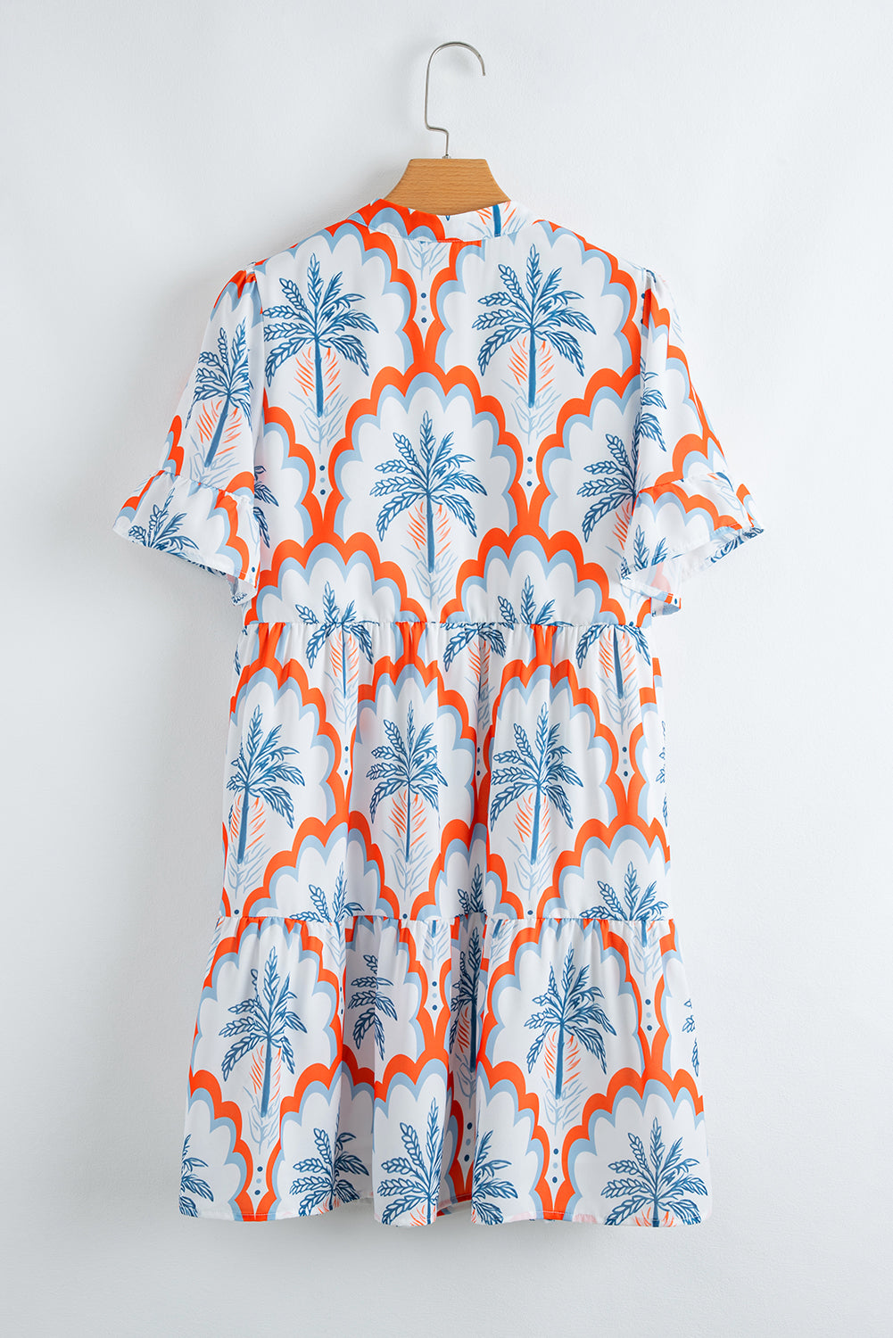 Orange Contrast Palm Tree Printed Short Sleeve Flowy Dress Mini Dresses JT's Designer Fashion