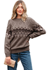 Light French Beige Western Geometric Patterned Crew Neck Knitted Sweater Sweaters JT's Designer Fashion