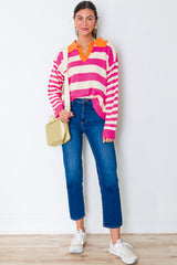 Rose Stripe Color Block Collared V Neck Drop Shoulder Sweater Sweaters JT's Designer Fashion