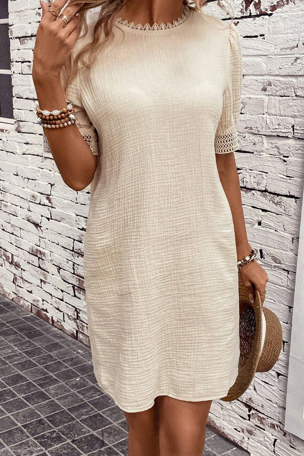 Beige Crinkle Lace Trim Puff Sleeve Shift Mini Dress Dresses JT's Designer Fashion