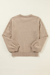 Smoke Gray Pearled Drop Shoulder Round Neck Sweater Sweaters JT's Designer Fashion