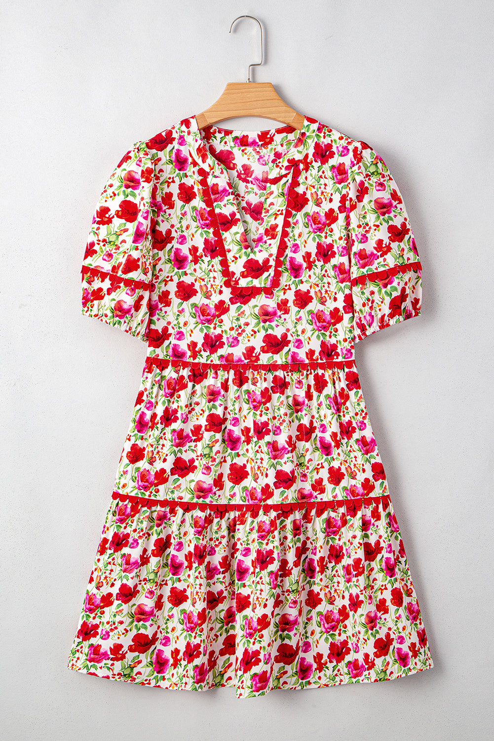 Red Floral Puff Sleeve Tiered Ric Rac Pocketed Mini Dress Floral Dresses JT's Designer Fashion