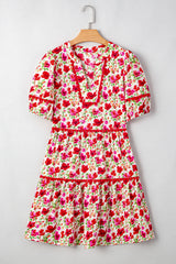 Red Floral Puff Sleeve Tiered Ric Rac Pocketed Mini Dress Floral Dresses JT's Designer Fashion