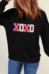 Black Chenille XOXO Patched Drop Shoulder Valentines Pullover Sweatshirt Graphic Sweatshirts JT's Designer Fashion