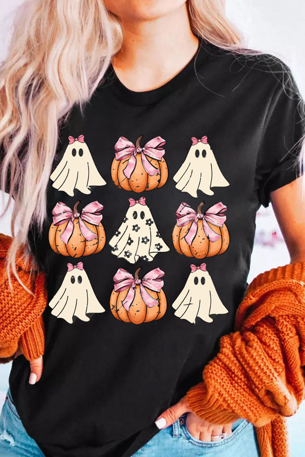 Black Bowknot Ghost Pumpkin Graphic Halloween T Shirt Graphic Tees JT's Designer Fashion