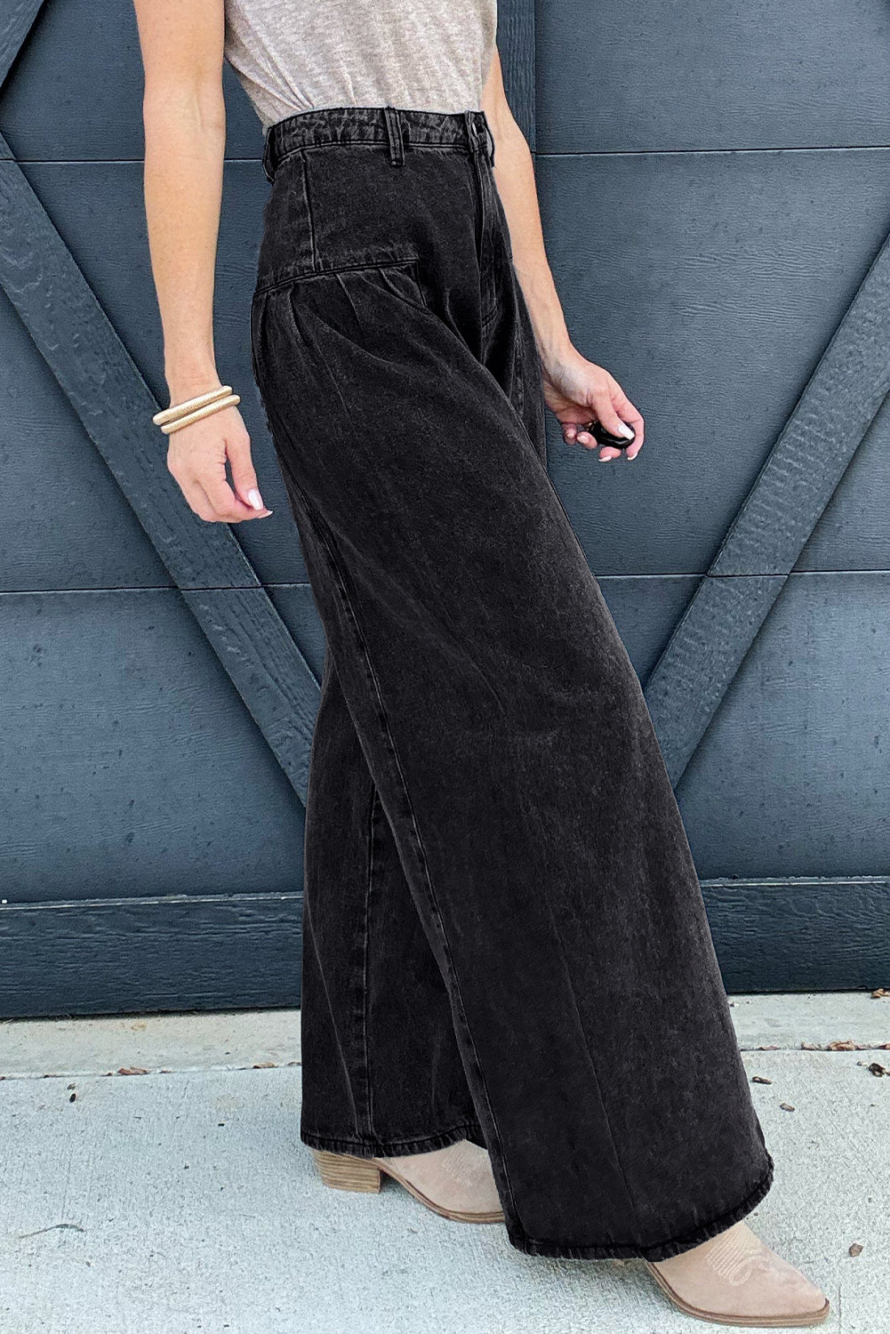 Dark Grey Pleated Wide Leg Mineral Wash Denim Pants Jeans JT's Designer Fashion