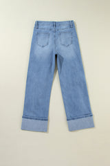 Dusk Blue High Rise Asymmetric Button Zip Fly Ripped Jeans Jeans JT's Designer Fashion