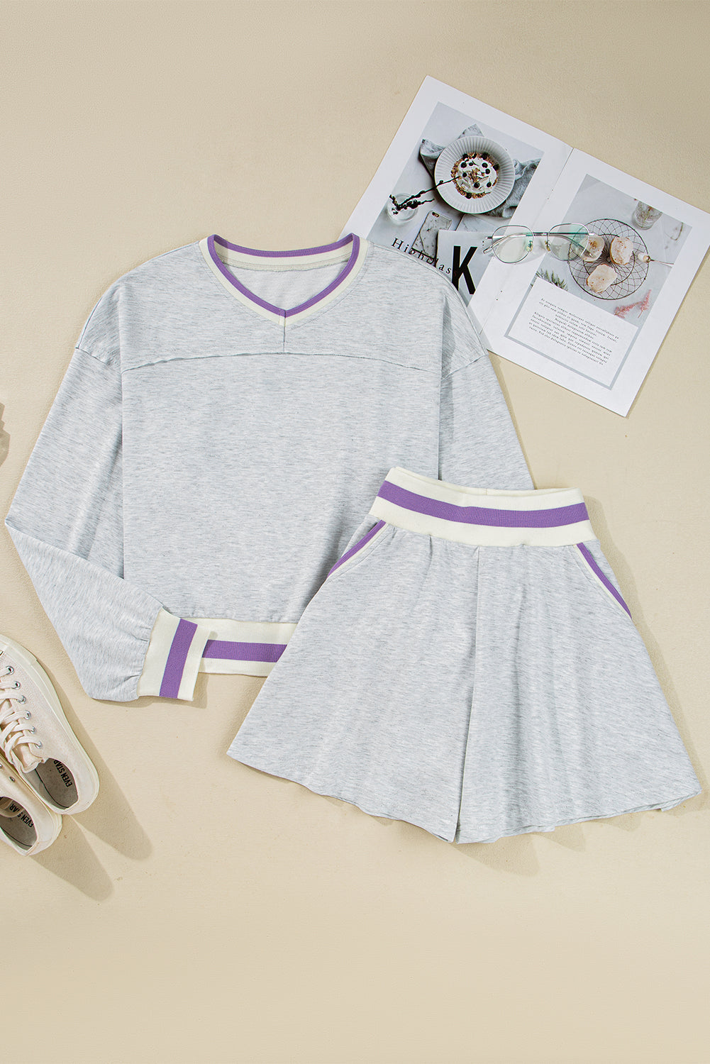 Light Grey Contrast Striped Bands Cropped Pullover and Athletic Short Set Short Sets JT's Designer Fashion