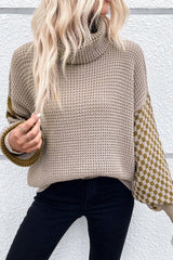 Smoke Gray Striped Plaid Patchwork Waffle Knit Turtleneck Sweater Sweaters JT's Designer Fashion