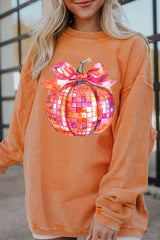 Orange Bow Pumpkin Graphic Crewneck Corded Thanksgiving Sweatshirt Graphic Sweatshirts JT's Designer Fashion