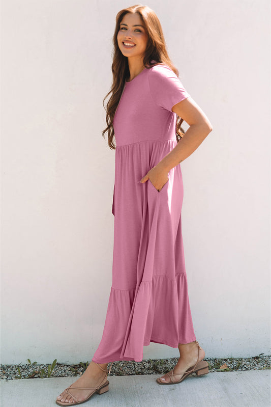Pink Solid Color T-shirt High Waist Pocketed Long Dress Maxi Dresses JT's Designer Fashion