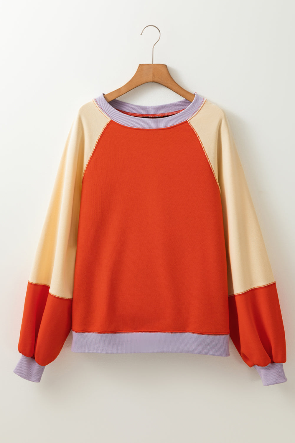 Orange Color Block Side Slits Raglan Sleeve Loose Fit Top Long Sleeve Tops JT's Designer Fashion