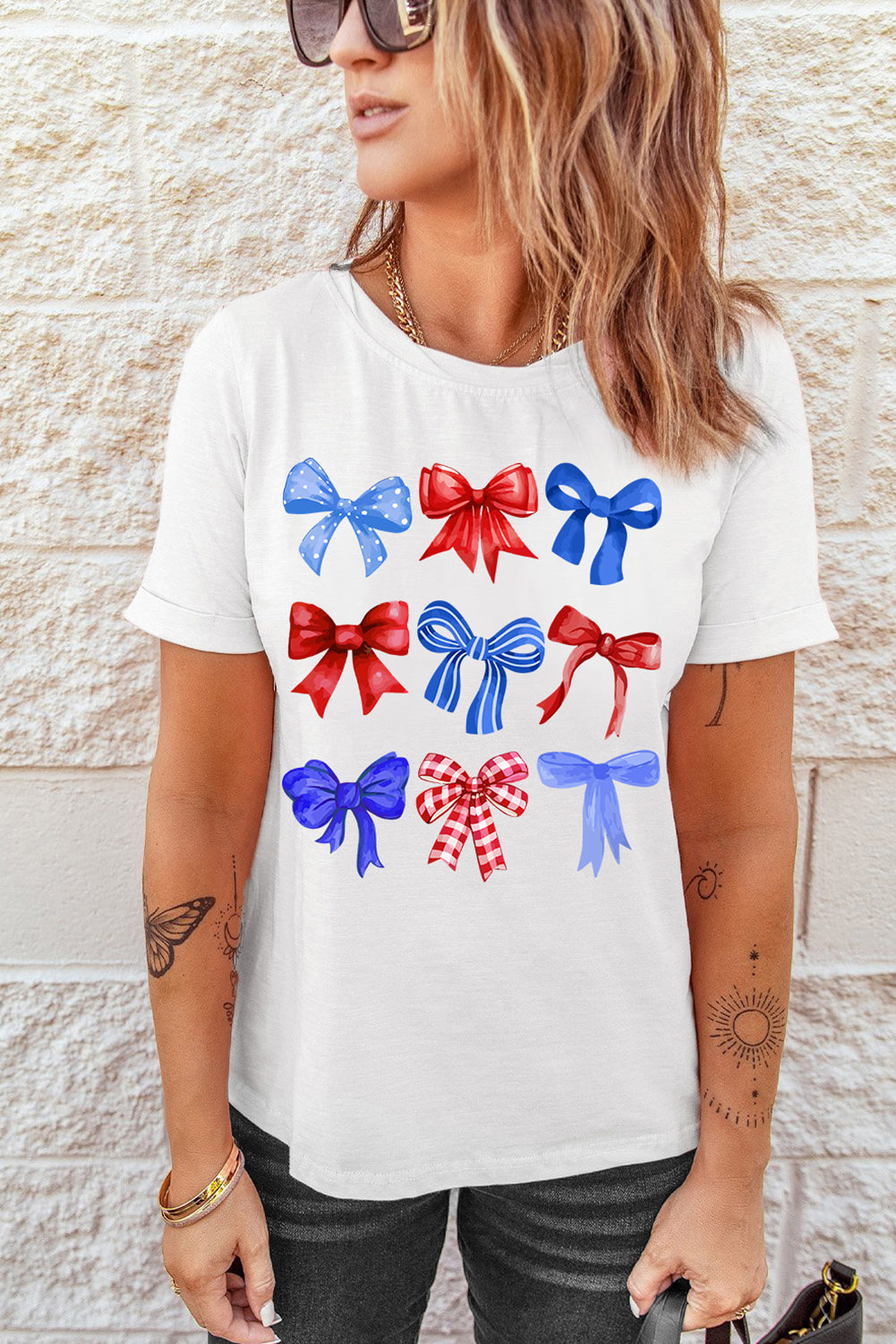 White USA Inspire Bow Print Crewneck Independence Day Tee Graphic Tees JT's Designer Fashion