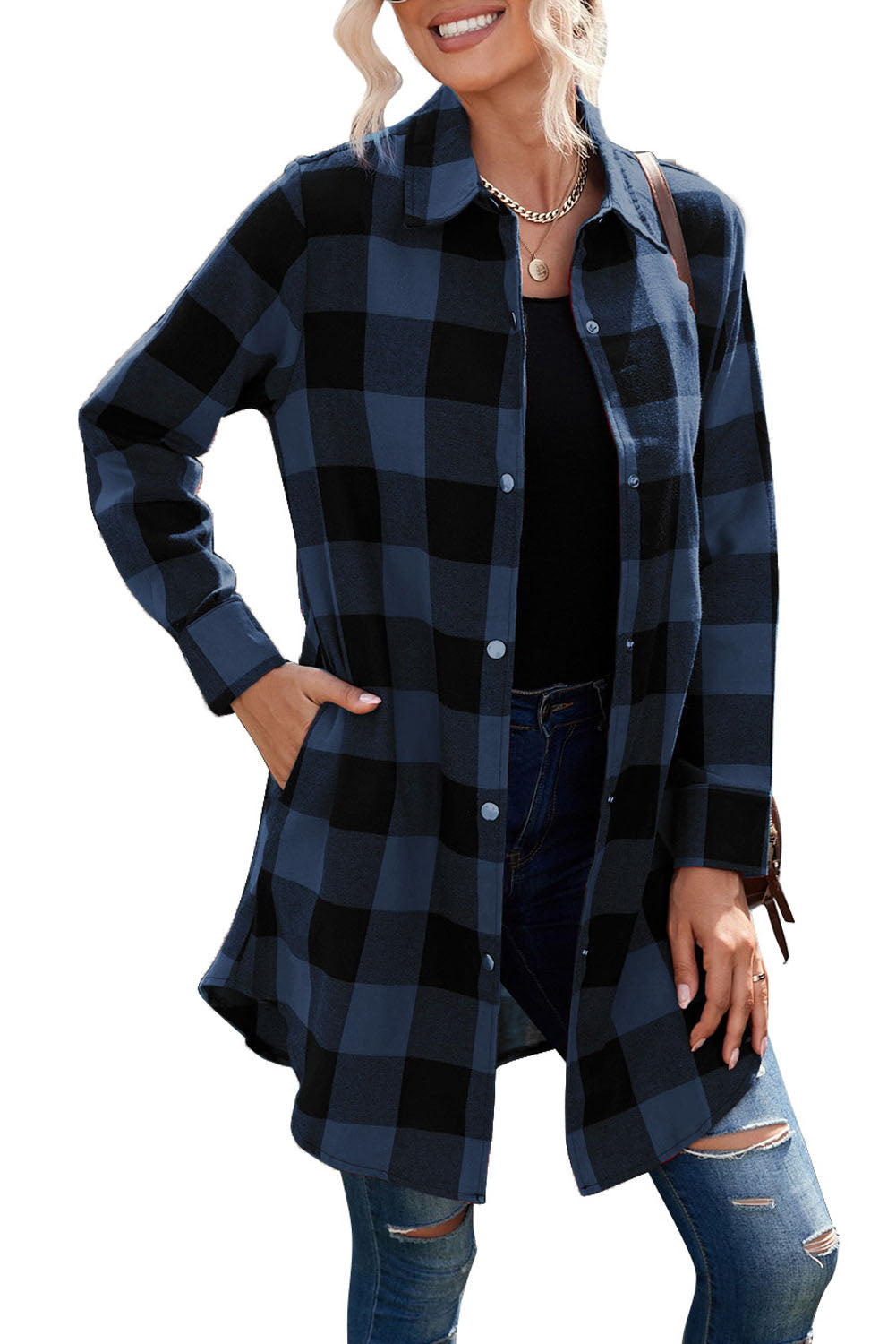 Blue Turn-down Collar Plaid Shirt Jacket Plaid Shackets JT's Designer Fashion