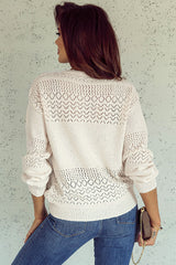 White Eyelet Pattern Detail V Neck Drop Shoulder Sweater Sweaters JT's Designer Fashion