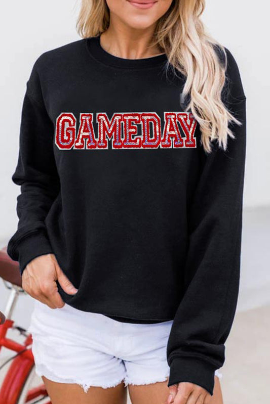 Black Sequined GAME DAY Rugby Football Season Sweatshirt Black 50%Polyester+50%Cotton Graphic Sweatshirts JT's Designer Fashion