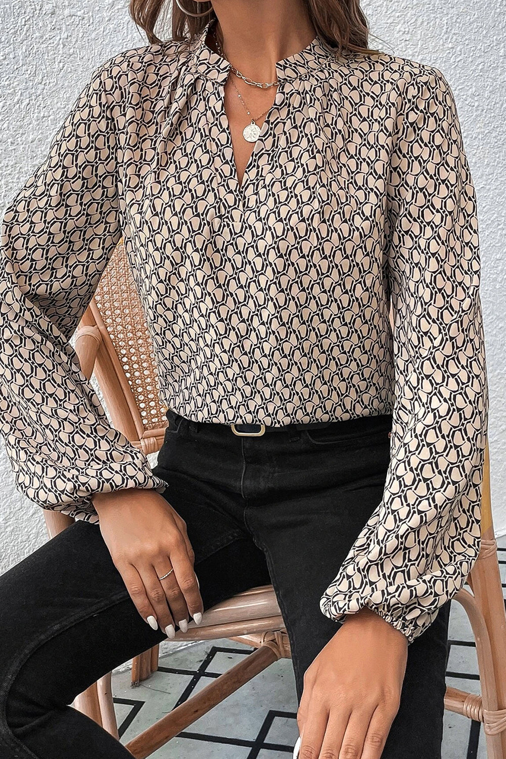 Khaki Geometric Print Notched Neck Puff Sleeve Blouse Blouses & Shirts JT's Designer Fashion