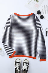 Contrast Trimmed Striped Drop Shoulder Sweater Sweaters & Cardigans JT's Designer Fashion