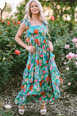 Green Floral Print Sleeveless Ruffle Tiered Maxi Dress Floral Dresses JT's Designer Fashion