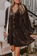 Dark Brown Textured Velvet V Neck Shift Dress Mini Dresses JT's Designer Fashion