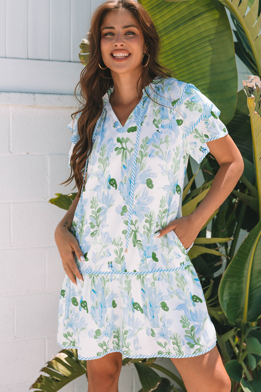 Sky Blue Floral Contrast Edge Layered Short Sleeve Mini Dress Floral Dresses JT's Designer Fashion