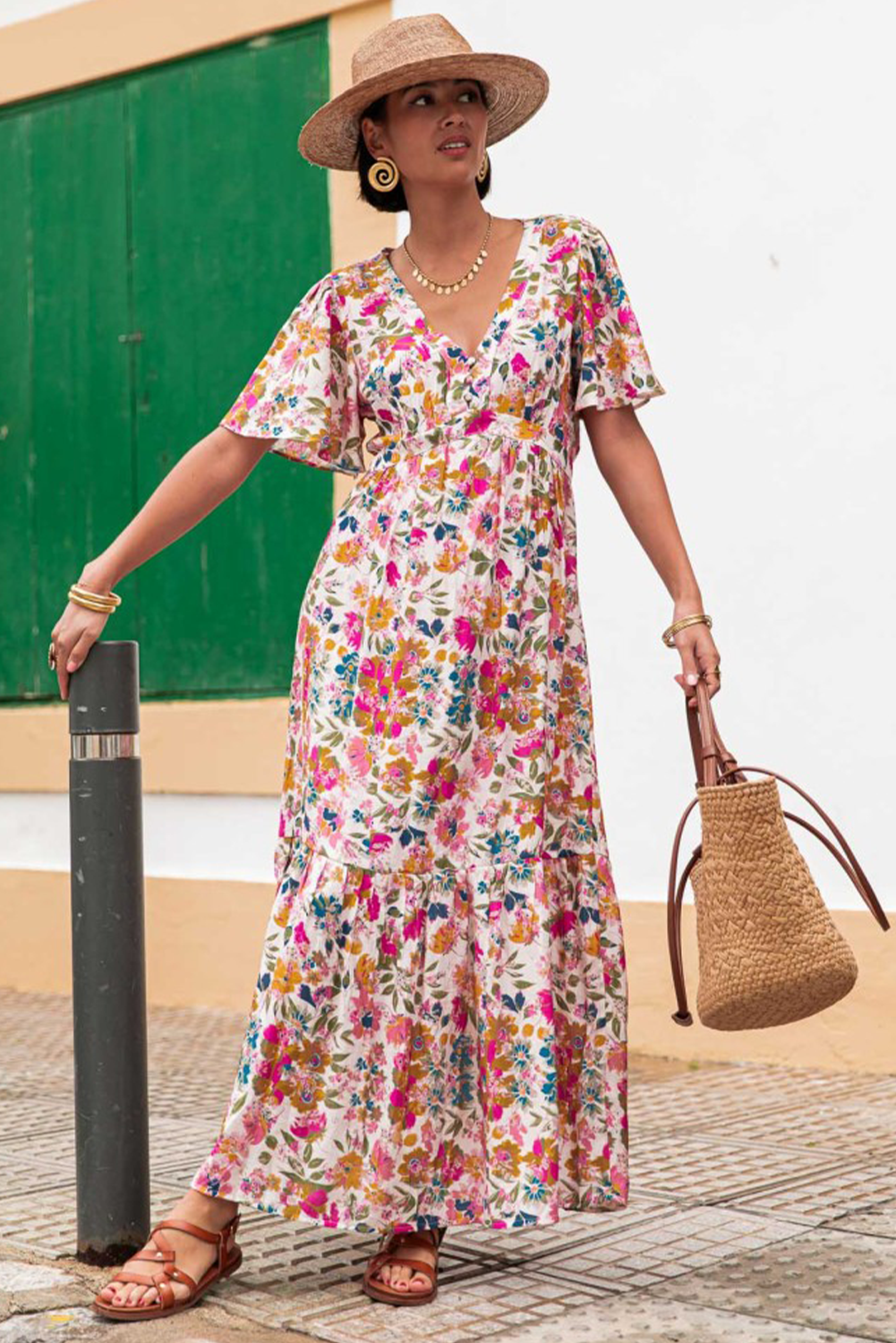 Red Floral Short Sleeve V Neck High Waist Maxi Dress Floral Dresses JT's Designer Fashion
