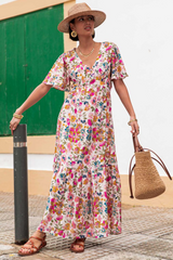 Red Floral Short Sleeve V Neck High Waist Maxi Dress Floral Dresses JT's Designer Fashion