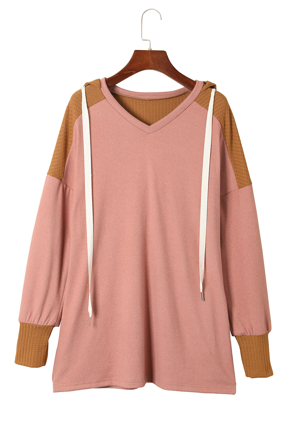 Brown Waffle Knit Patchwork Drawstring V Neck Hoodie Sweatshirts & Hoodies JT's Designer Fashion