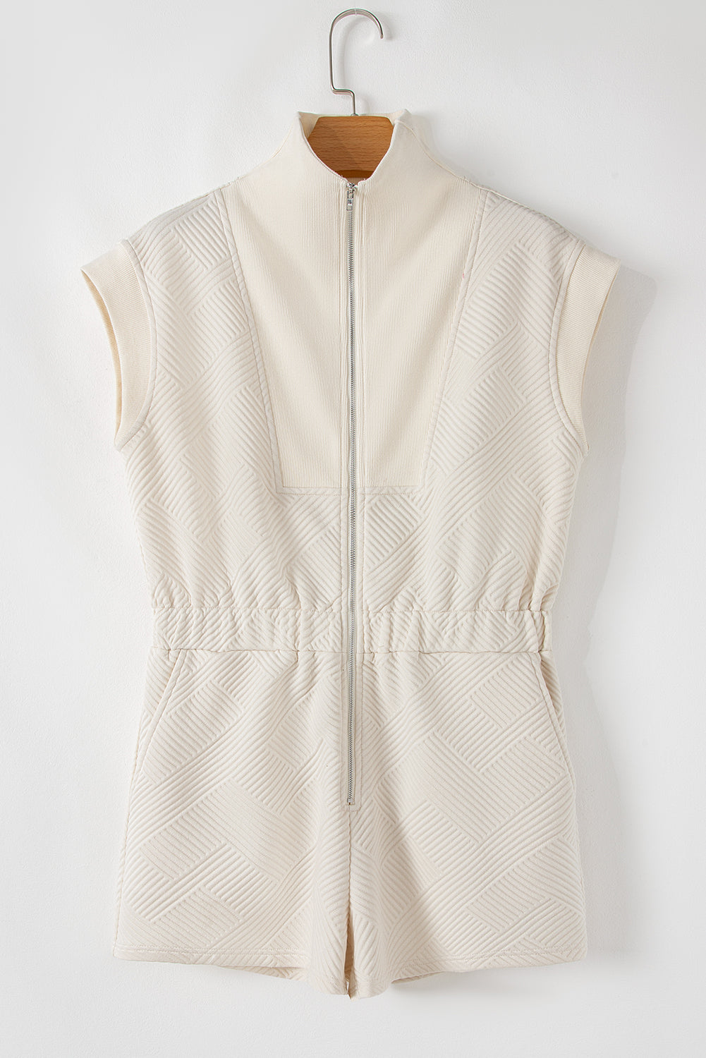 Jet Stream Textured Zipped Front V Neck Collared Casual Romper Jumpsuits & Rompers JT's Designer Fashion