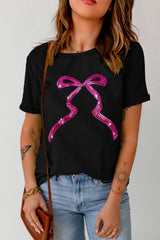 Black Sequin Bow Ribbon Graphic T Shirt Graphic Tees JT's Designer Fashion