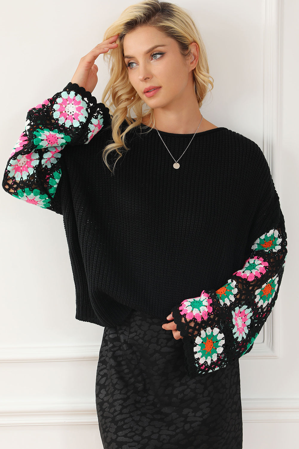 Black Floral Crochet Bell Sleeve Loose Sweater Sweaters JT's Designer Fashion