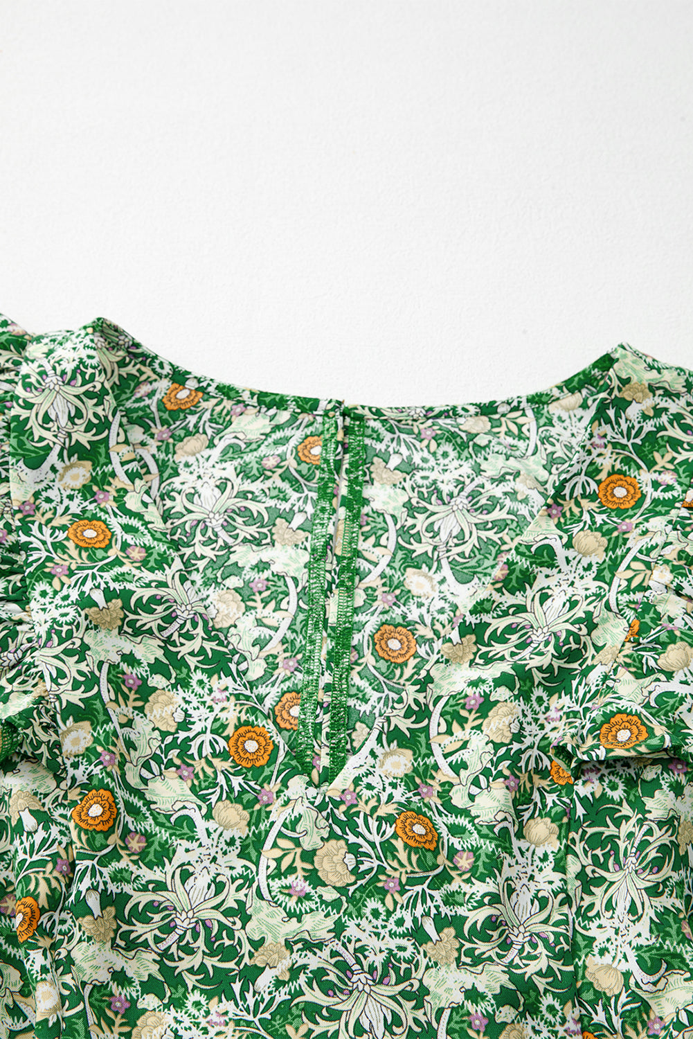 Green Flower Print Flutter Sleeve V Neck Sashed Ruffled Mini Dress Floral Dresses JT's Designer Fashion