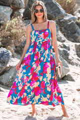 Dark Blue Floral High Waist Sleeveless Flared Long Dress Floral Dresses JT's Designer Fashion
