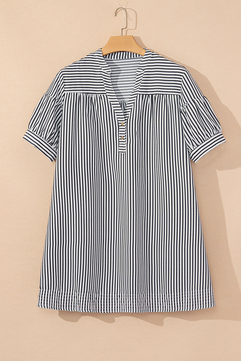 Black Stripe Short Sleeve Buttoned V Neck Pocketed Plus Size Mini Dress Plus Size Mini Dresses JT's Designer Fashion