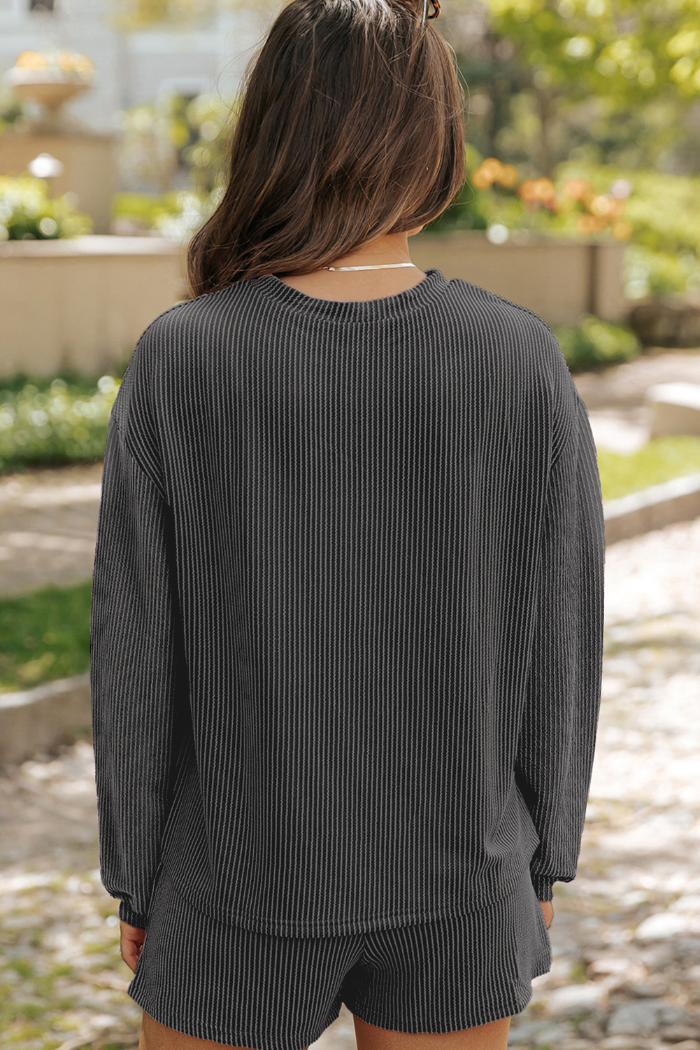 Carbon Grey Bowknot Patched Pattern Corded Long Sleeve Top and Shorts Outfit Graphic Sets JT's Designer Fashion