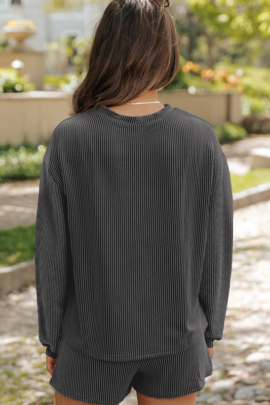 Carbon Grey Bowknot Patched Pattern Corded Long Sleeve Top and Shorts Outfit Graphic Sets JT's Designer Fashion