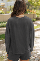 Carbon Grey Bowknot Patched Pattern Corded Long Sleeve Top and Shorts Outfit Graphic Sets JT's Designer Fashion