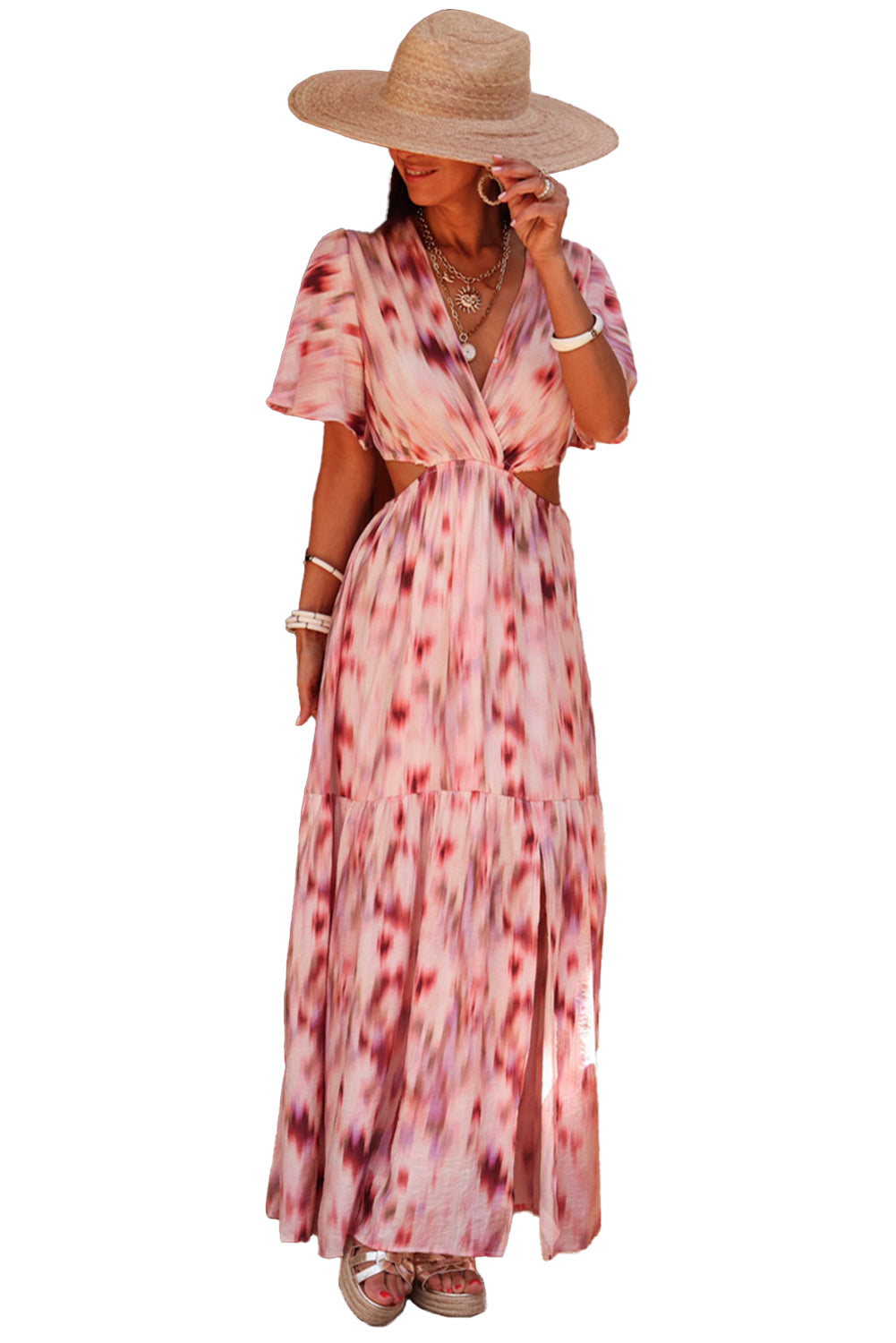 Pink Abstract Printed Flutter Sleeve Daring Cutout Long Dress Maxi Dresses JT's Designer Fashion
