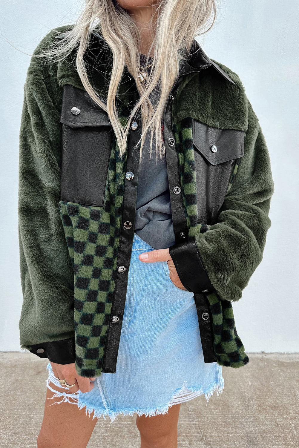Vineyard Green Fleece Checkerboard Flap Pocket Snap Button Jacket Jackets JT's Designer Fashion