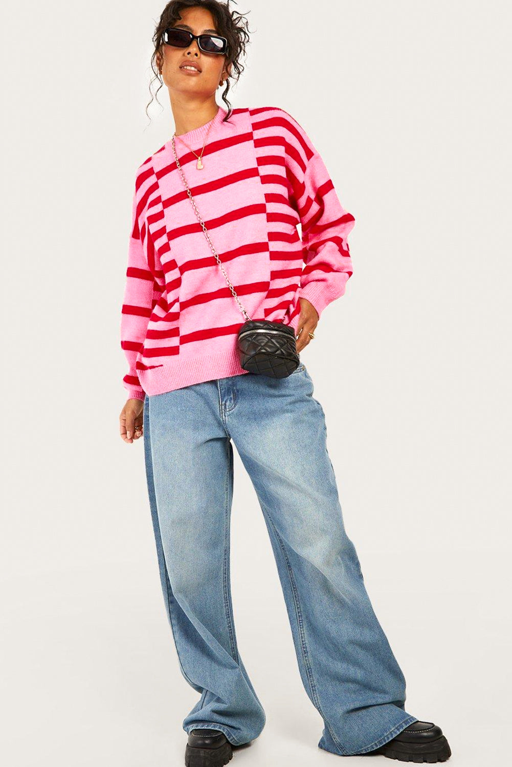 Pink Stripe Bubble Sleeve Drop Shoulder Ribbed Trim Sweater Sweaters JT's Designer Fashion