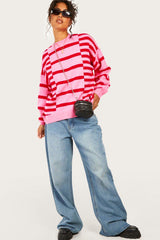 Pink Stripe Bubble Sleeve Drop Shoulder Ribbed Trim Sweater Sweaters JT's Designer Fashion