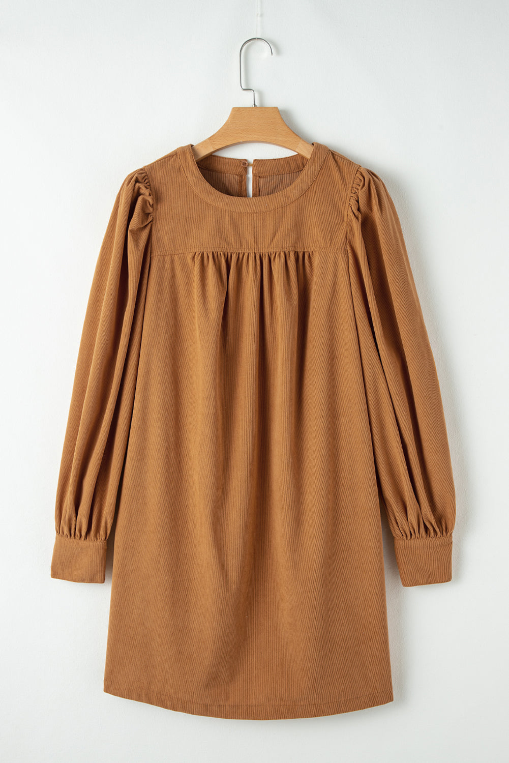 Desert Gold Corduroy Pleated Puff Sleeve Shift Short Dress Mini Dresses JT's Designer Fashion