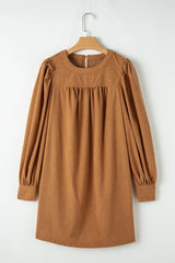 Desert Gold Corduroy Pleated Puff Sleeve Shift Short Dress Mini Dresses JT's Designer Fashion
