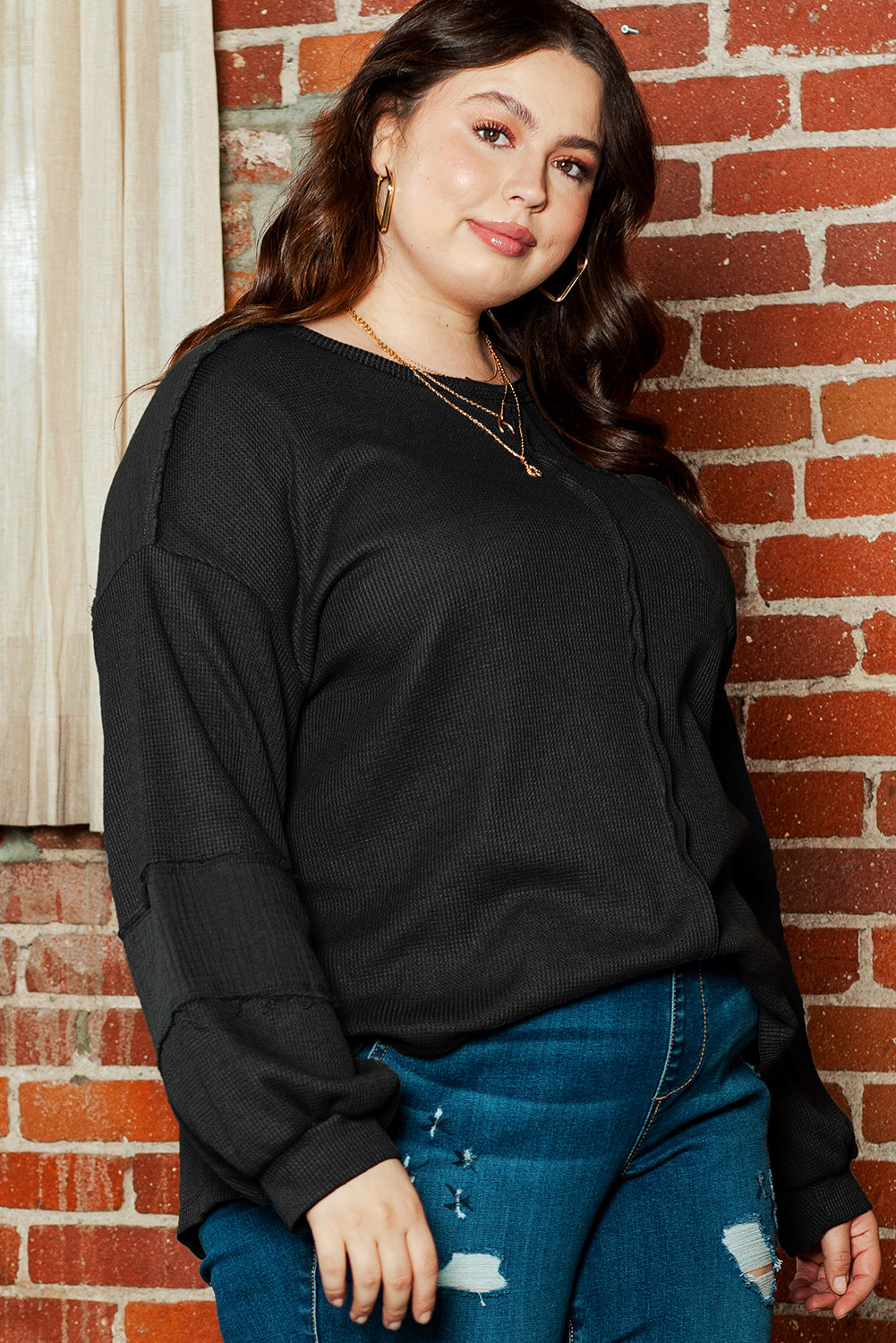 Black Pink Distressed Crinkle Patchwork Plus Size Top Plus Size JT's Designer Fashion