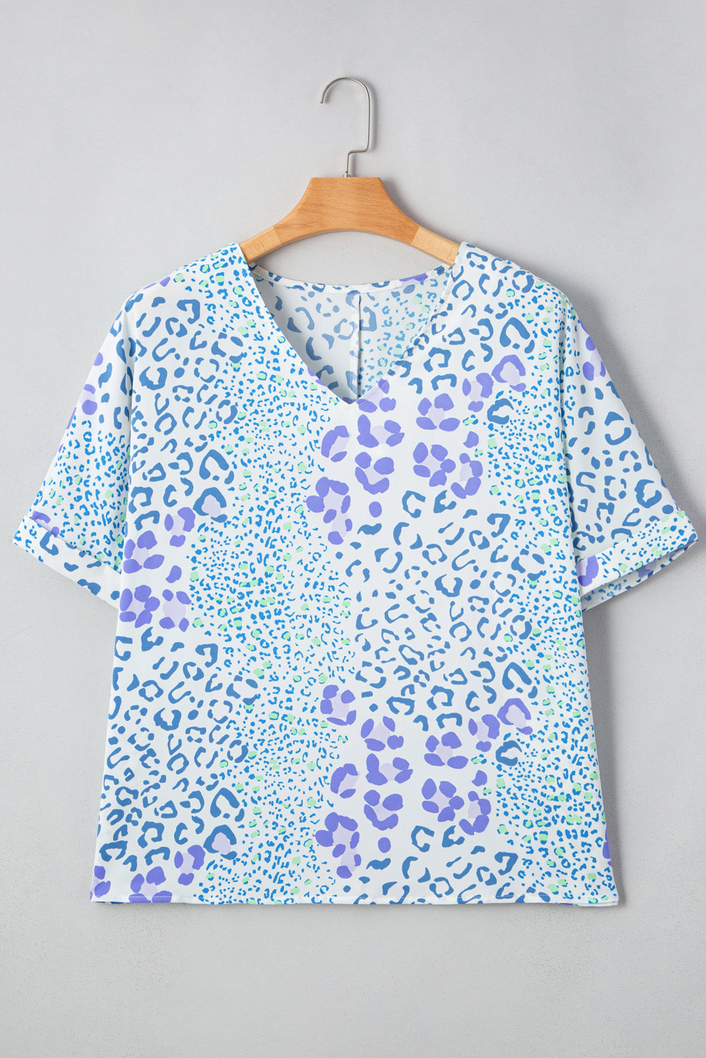 Sky Blue Leopard Print Short Sleeve V Neck Plus Size Top Plus Size Blouses & Shirts JT's Designer Fashion